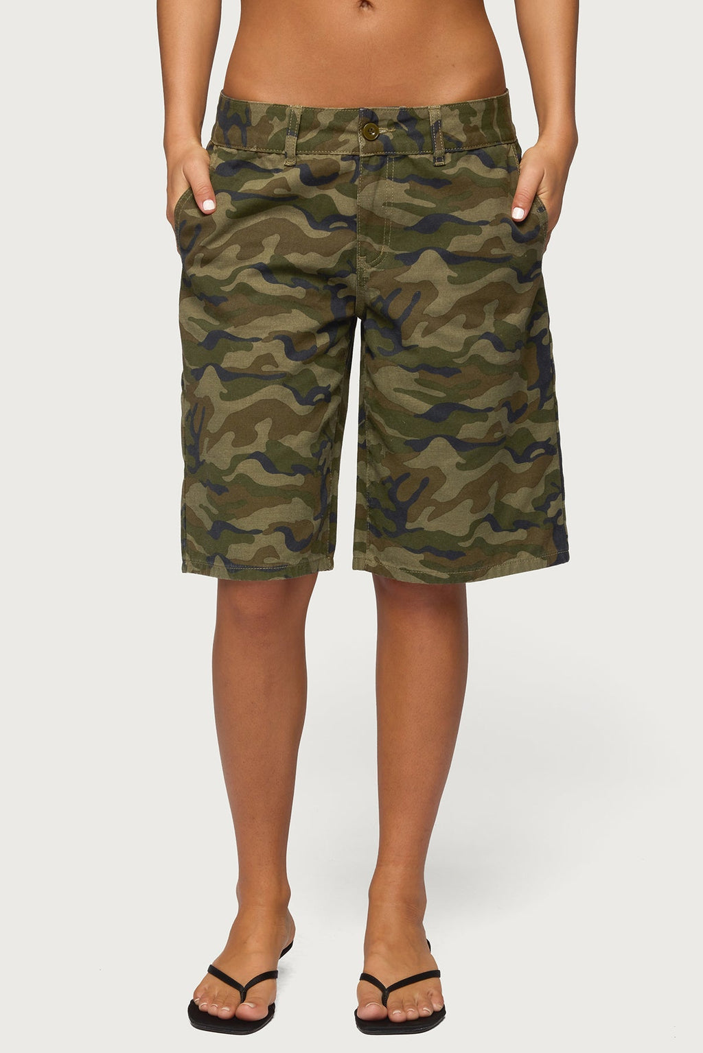 Camo Denim Low Rise Bermuda Shorts