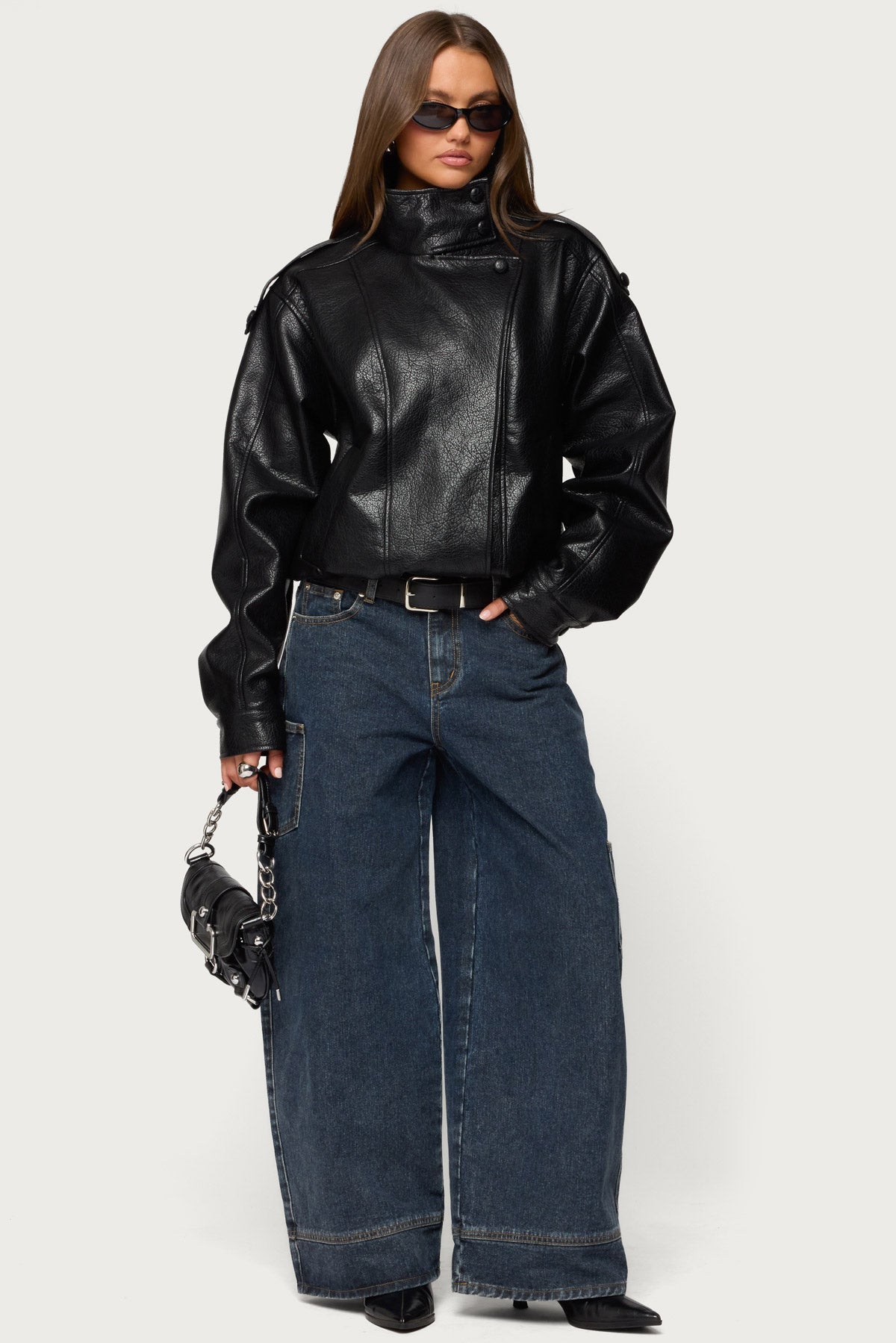 Jaicee High Neck Oversized Faux Leather Jacket