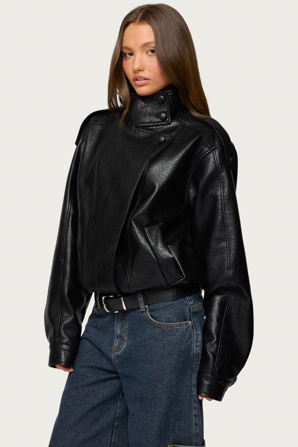 Jaicee High Neck Oversized Faux Leather Jacket