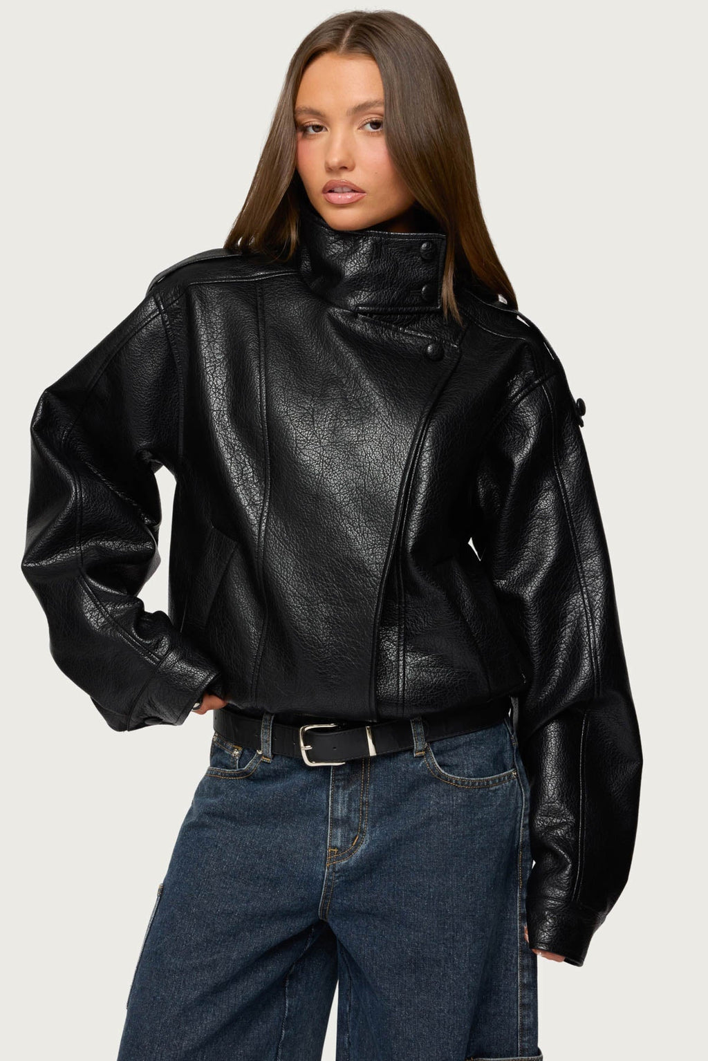 Jaicee High Neck Oversized Faux Leather Jacket
