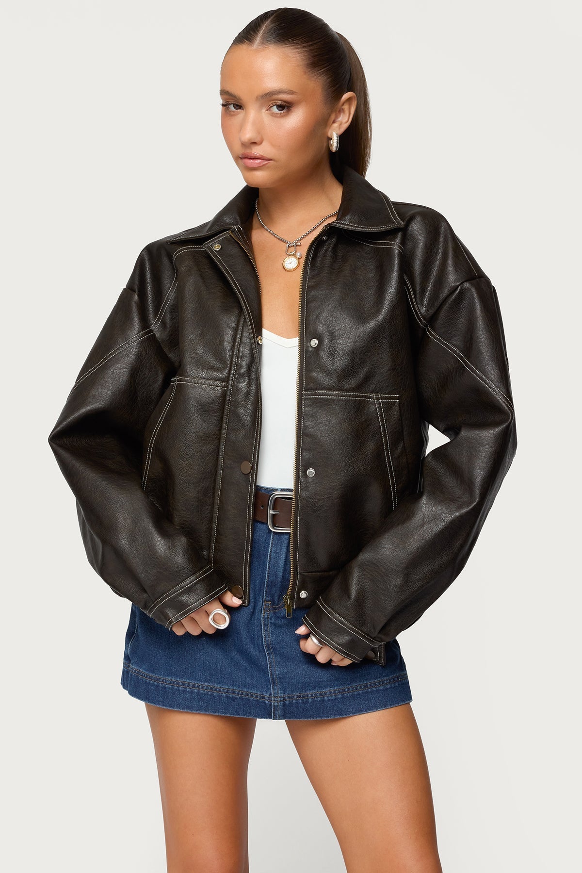 Jaxson Oversized Faux Leather Bomber Jacket