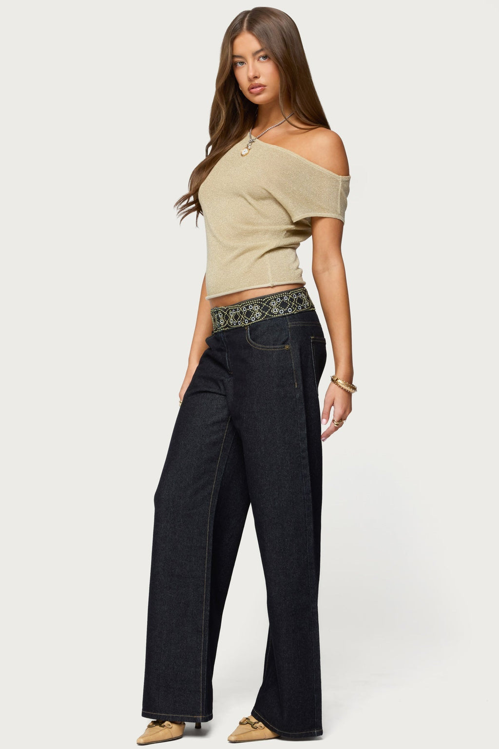 Carlie Embroidered Low Rise Wide Leg Jeans