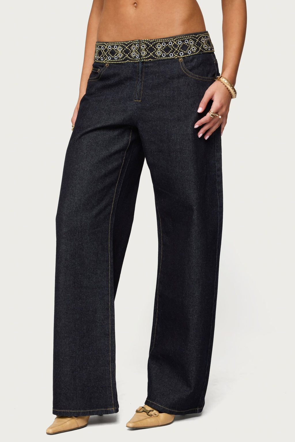 Carlie Embroidered Low Rise Wide Leg Jeans