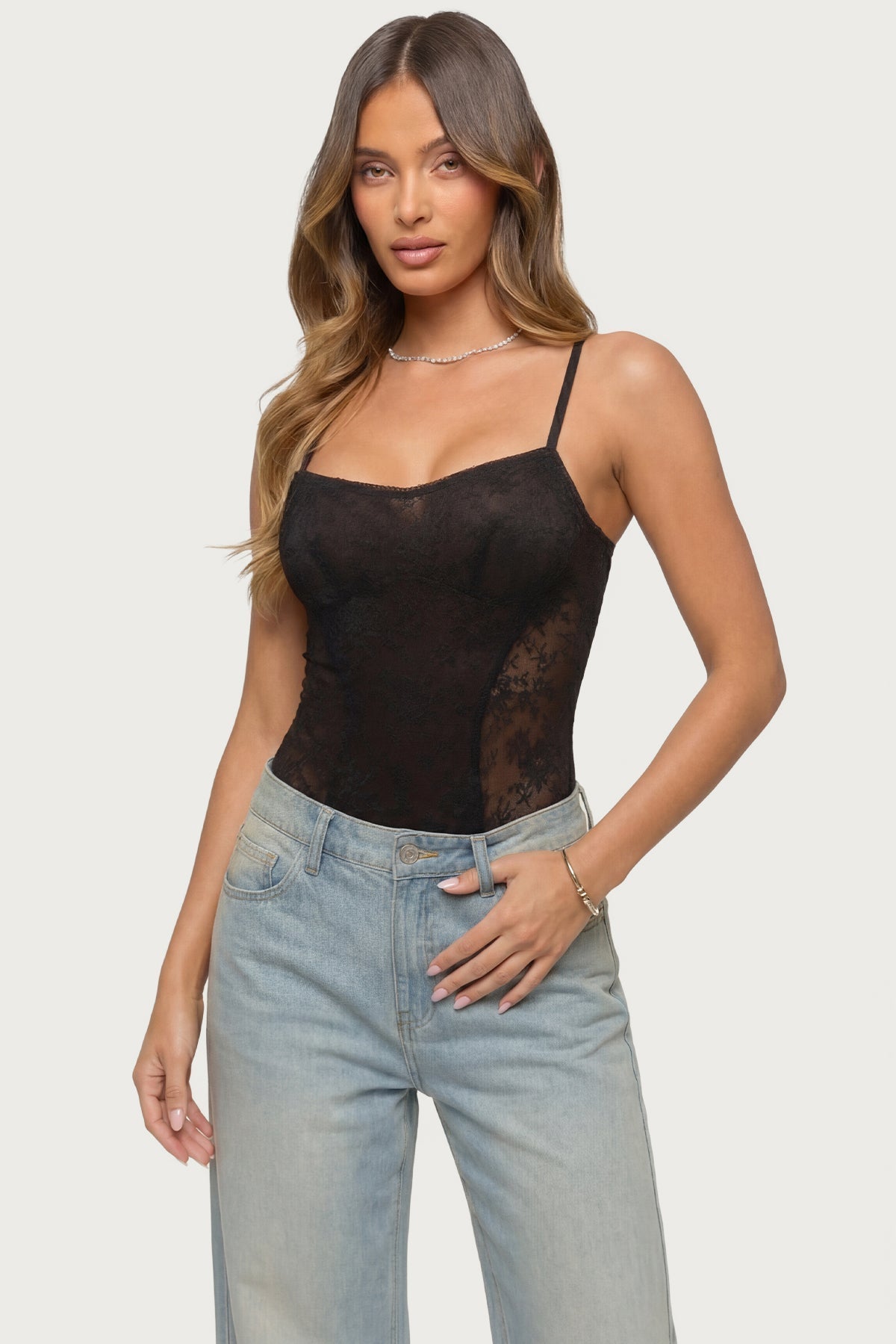Carinna Sheer Lace Cutout Bodysuit