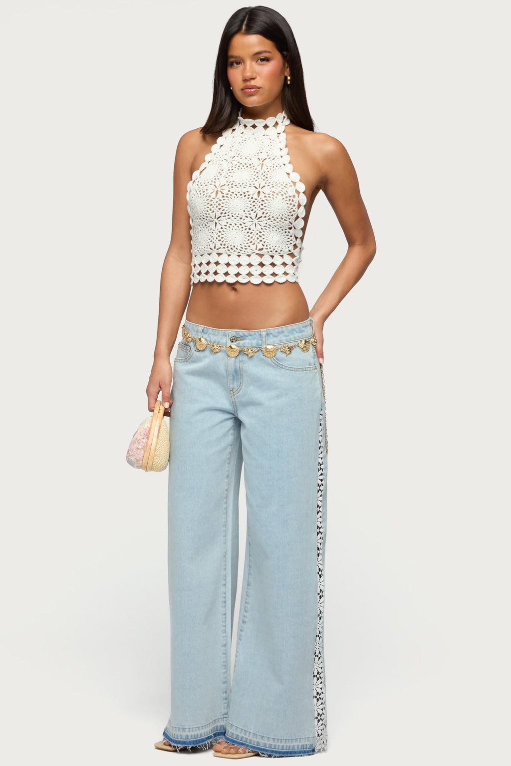 Crochet Panel Low Rise Wide Leg Jeans