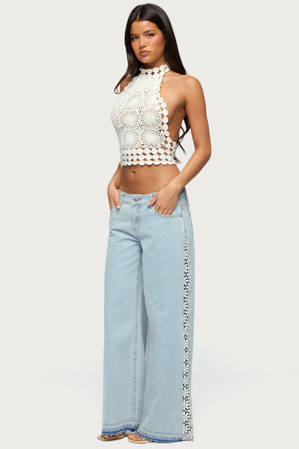 Crochet Panel Low Rise Wide Leg Jeans